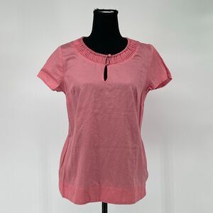 TALBOTS Women’s Top S Pink Keyhole Neck Short Sleeve 100% Cotton Blouse Pleated